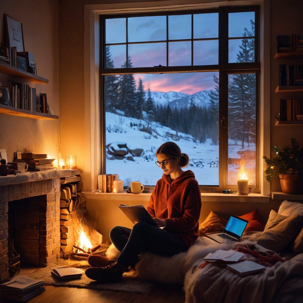 A warm cozy scene depicting a writer sitting by a fireplace, surrounded by books and a laptop, with a steaming cup of coffee. The outside window shows a snowy landscape, symbolizing the chill. Beside the writer, there are colorful post-it notes and sketches representing engaging content ideas. The warm light from the fire creates a comforting atmosphere. super-realistic. warm colors. cozy ambiance.