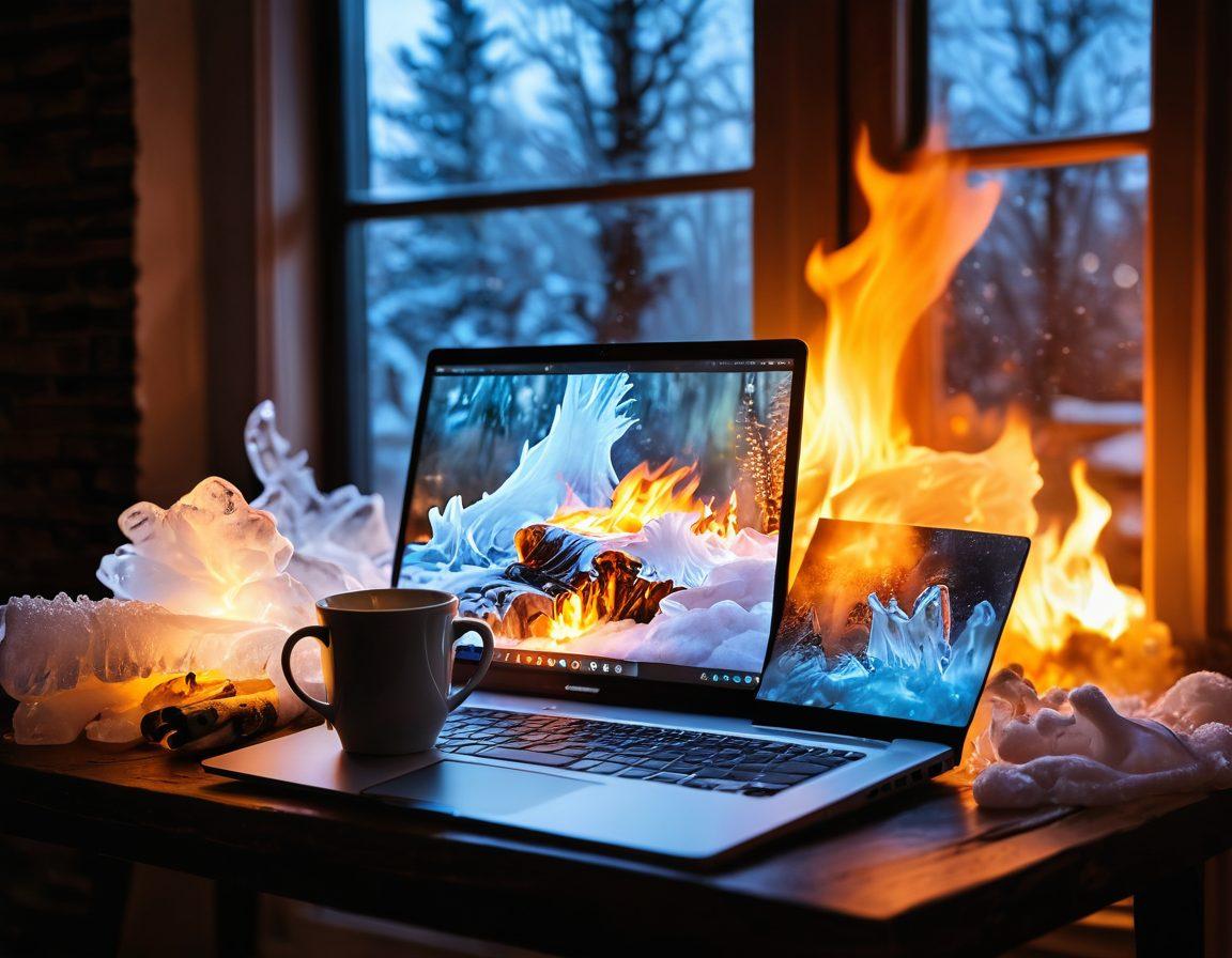 A cozy, warmly-lit scene showcasing a fireplace with melting ice sculptures around it, symbolizing the clash of heat and cold. In the foreground, a laptop with a steaming cup of coffee rests on a rustic table, inviting viewers to embrace blogging trends. Soft winter colors blend with flickering flames, creating an atmosphere of warmth amidst a frosty window backdrop. super-realistic. vibrant colors. warm tones.