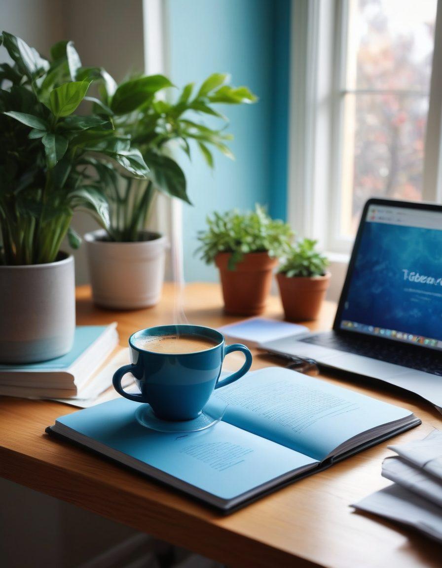 A steaming, inviting cup of coffee placed next to an open laptop, with pages of a digital diary overflowing with colorful notes and trending topics. In the background, a sunlit, cozy room filled with potted plants and warm, vibrant decor conveys a sense of transformation and creativity. Add a subtle hint of fire-themed graphics, blending with a cool blue color palette to symbolize the fusion of hot topics with frigid trends. super-realistic. warm colors. cozy atmosphere.